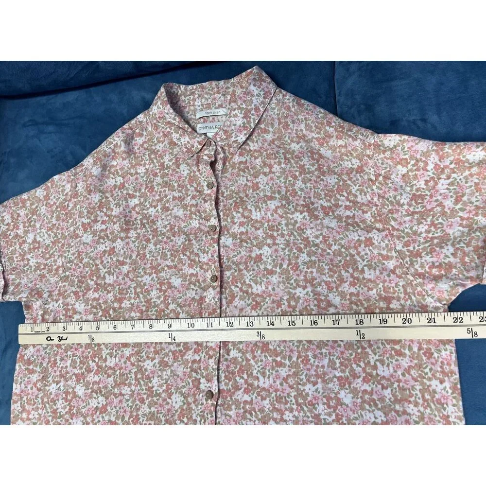 Cynthia Rowley Floral Linen Button Down Shirt WOMEN M Pink Beige Short Sleeve - Picture 6 of 9